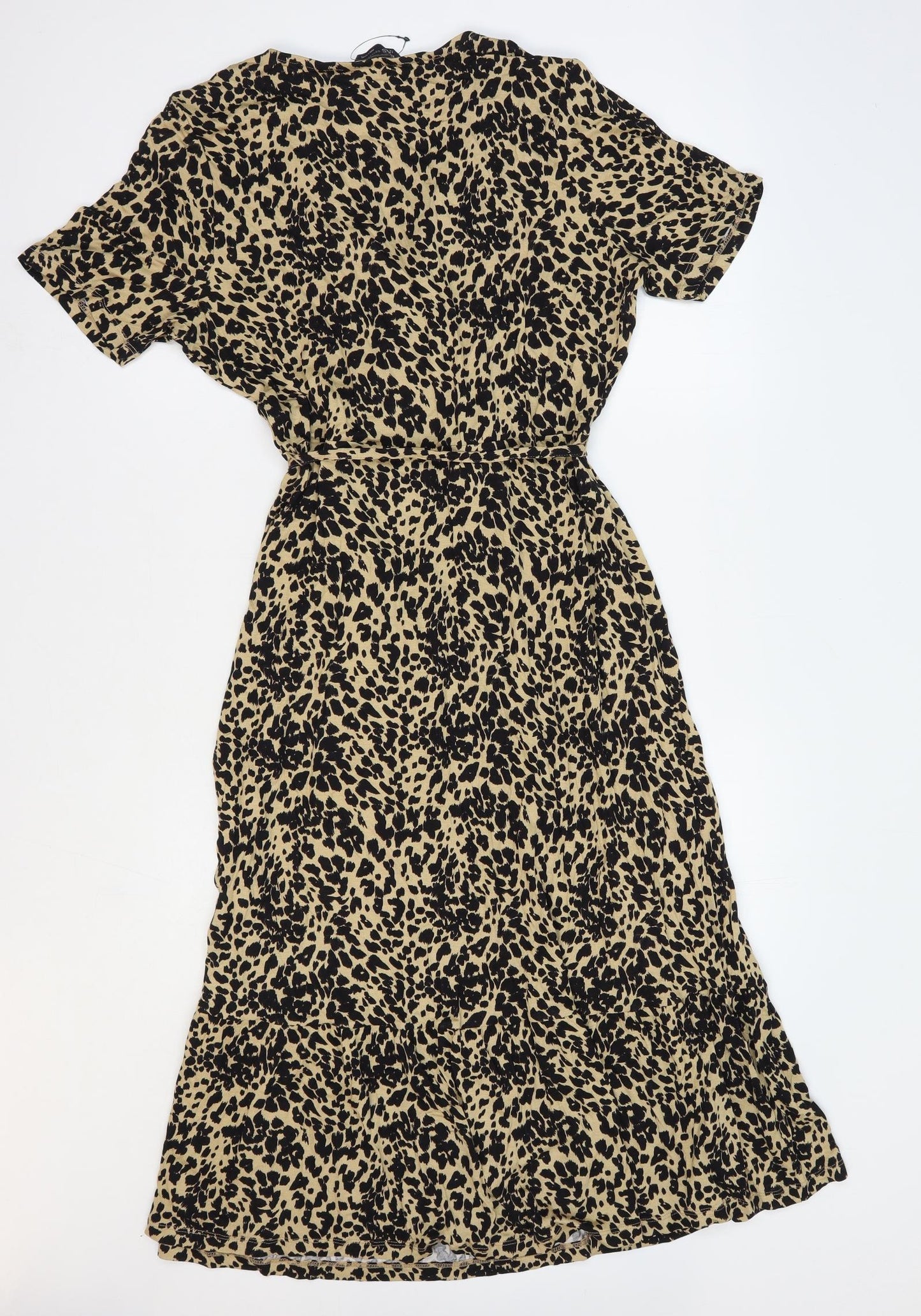 Marks and Spencer Womens Brown Animal Print Viscose Wrap Dress Size 12 V-Neck Tie - Faux Wrap Leopard Print