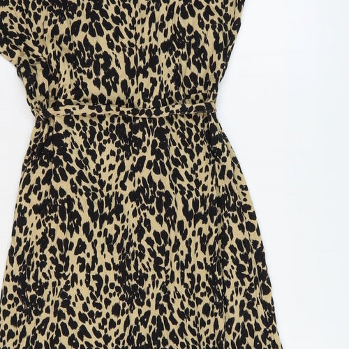 Marks and Spencer Womens Brown Animal Print Viscose Wrap Dress Size 12 V-Neck Tie - Faux Wrap Leopard Print