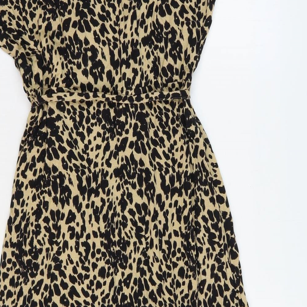 Marks and Spencer Womens Brown Animal Print Viscose Wrap Dress Size 12 V-Neck Tie - Faux Wrap Leopard Print