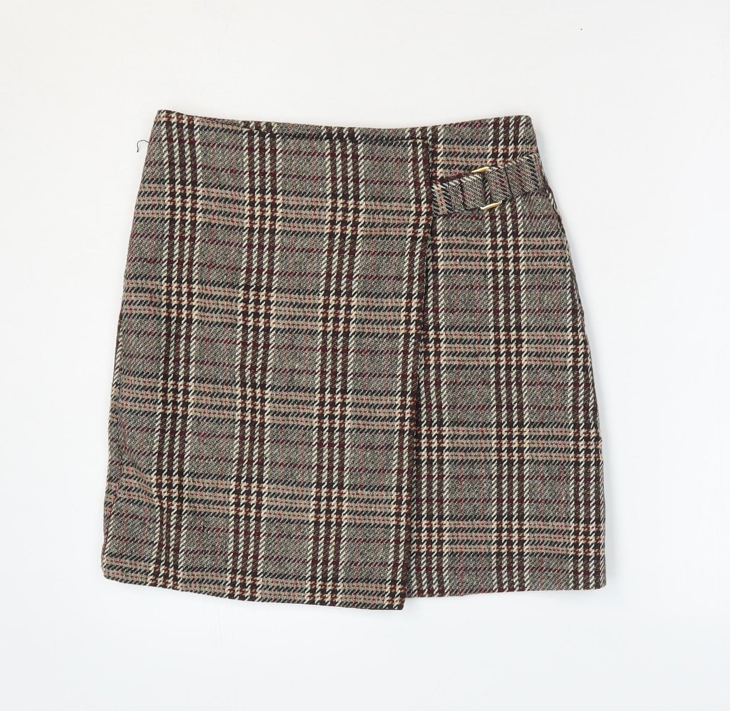 NEXT Womens Brown Plaid Polyester Wrap Skirt Size 6 Zip - Faux Wrap
