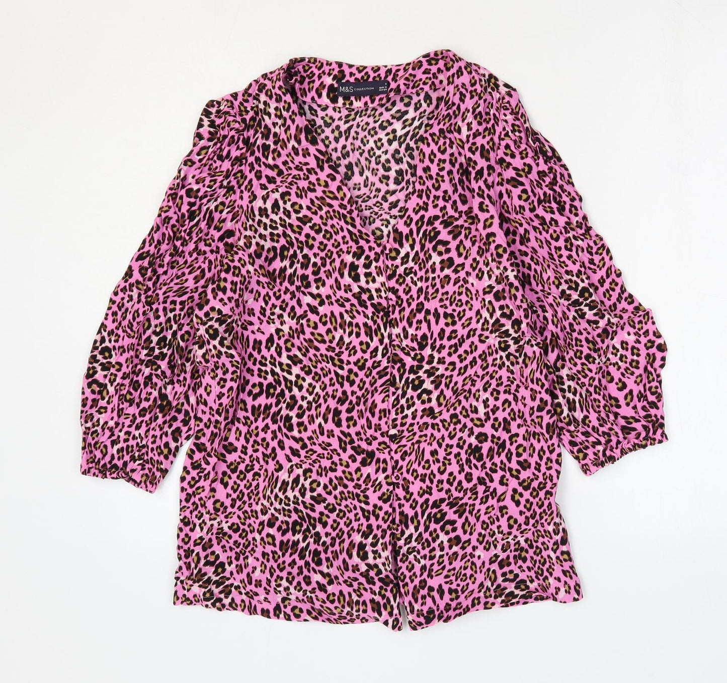 Marks and Spencer Womens Pink Animal Print Viscose Basic Blouse Size 8 V-Neck - Leopard Print