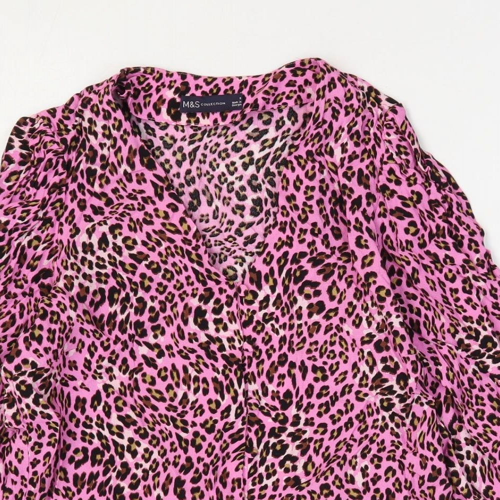 Marks and Spencer Womens Pink Animal Print Viscose Basic Blouse Size 8 V-Neck - Leopard Print