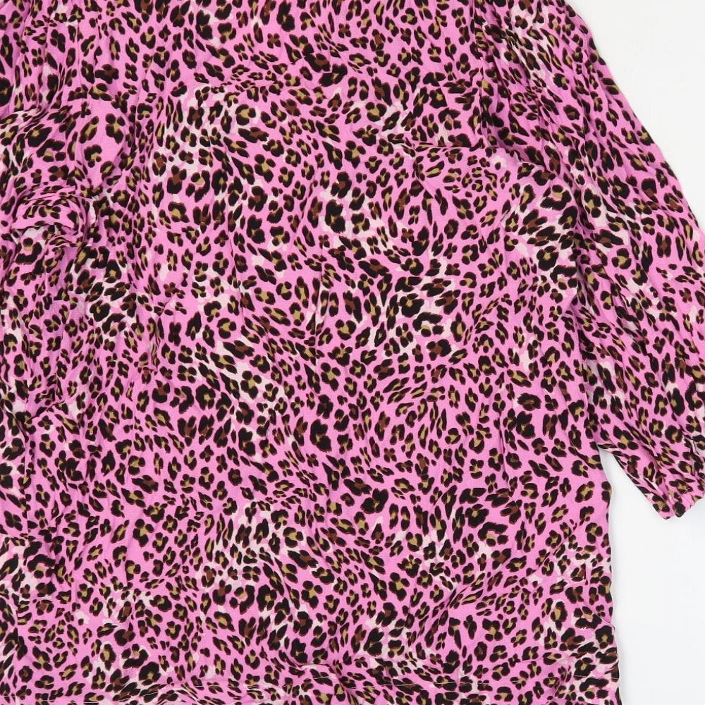 Marks and Spencer Womens Pink Animal Print Viscose Basic Blouse Size 8 V-Neck - Leopard Print