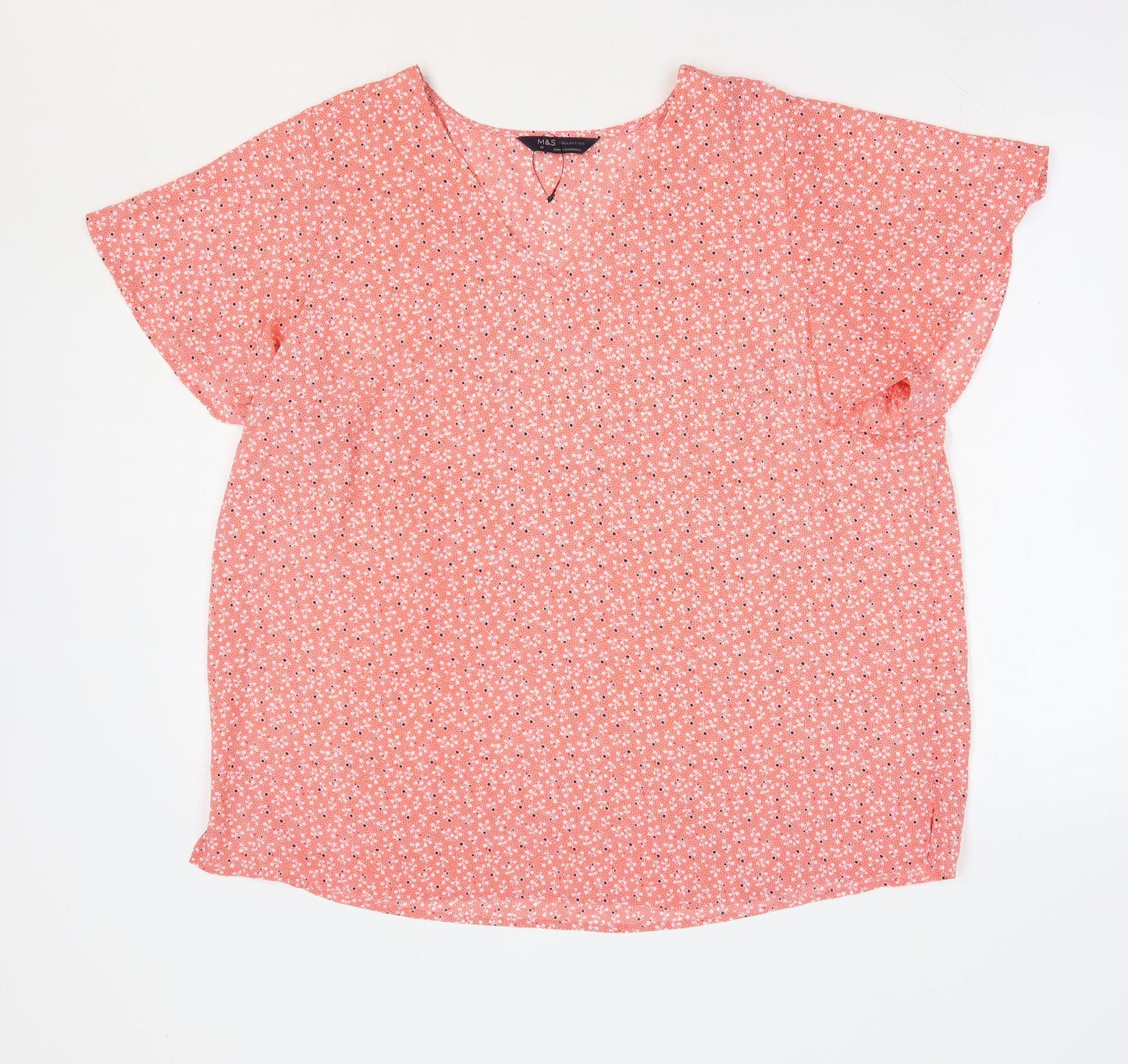 Marks and Spencer Womens Orange Floral Polyester Basic Blouse Size 18 V-Neck - Angel Sleeve