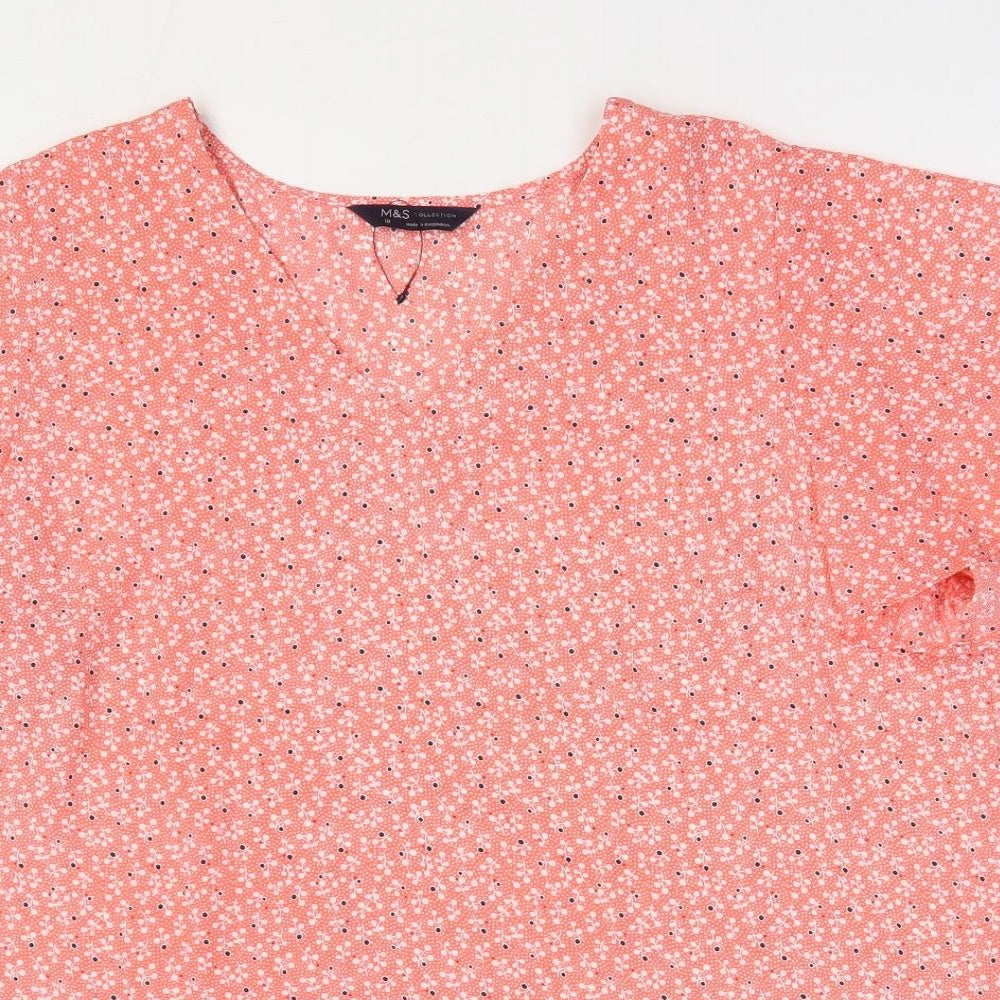 Marks and Spencer Womens Orange Floral Polyester Basic Blouse Size 18 V-Neck - Angel Sleeve