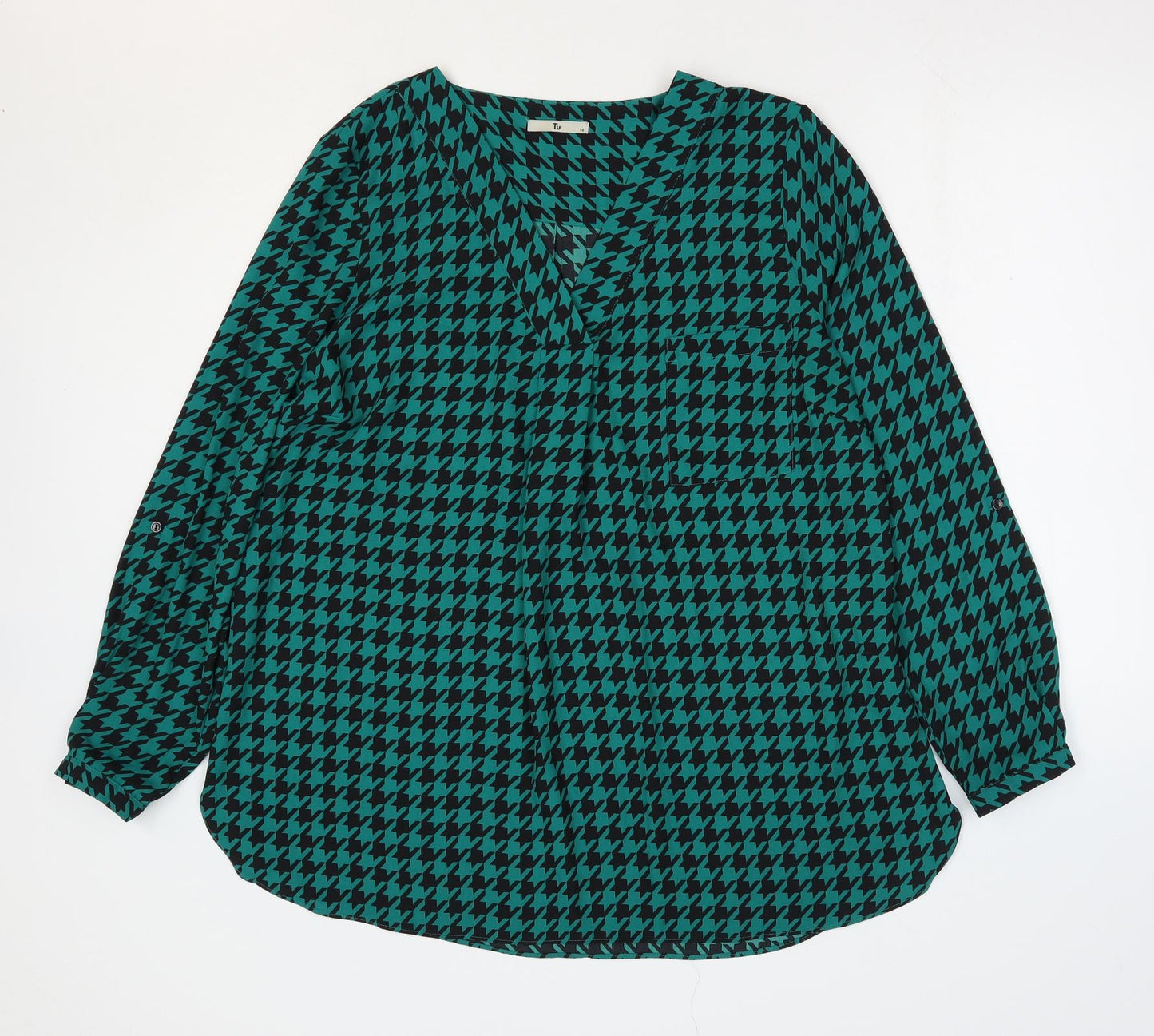 TU Womens Green Herringbone Polyester Basic Blouse Size 16 V-Neck