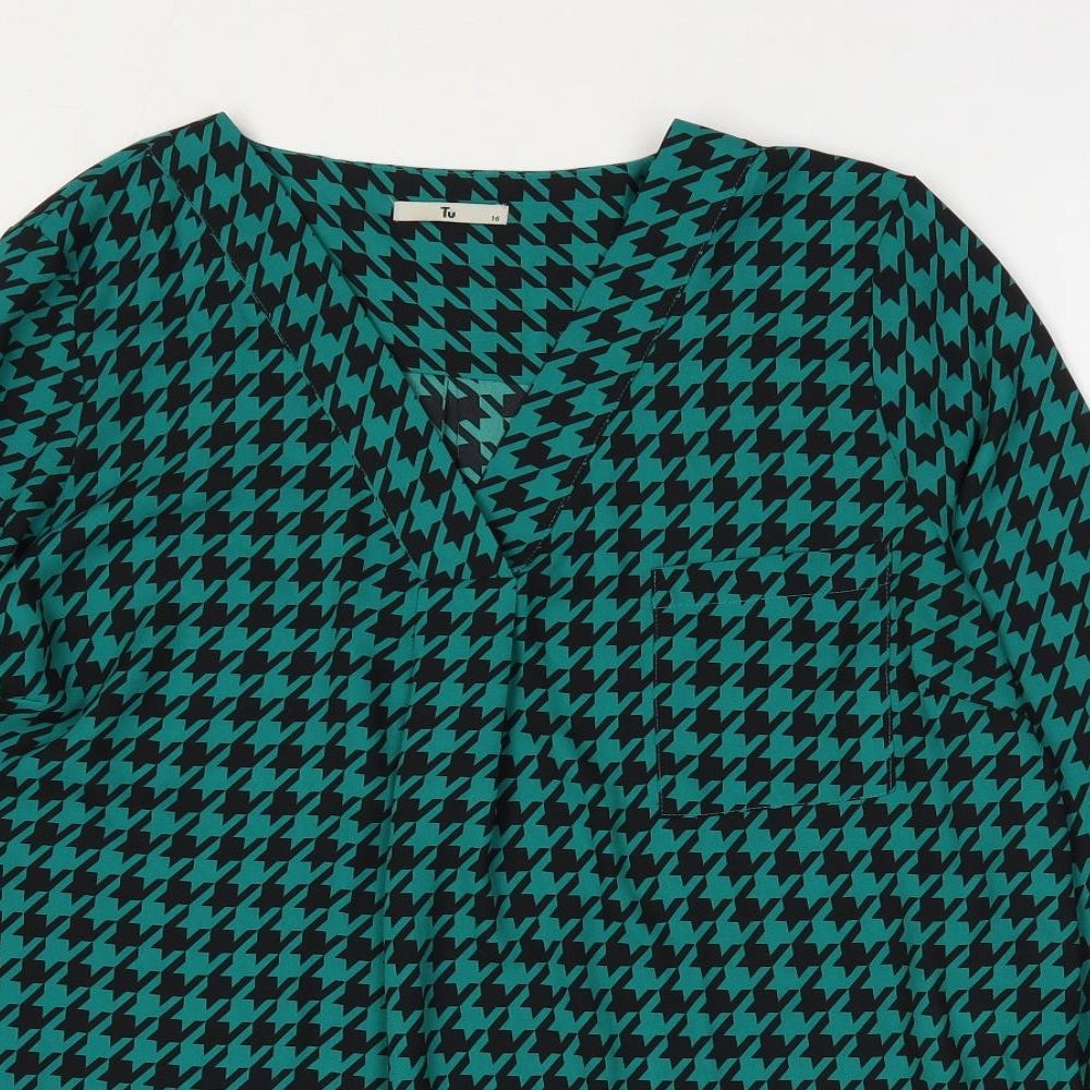 TU Womens Green Herringbone Polyester Basic Blouse Size 16 V-Neck