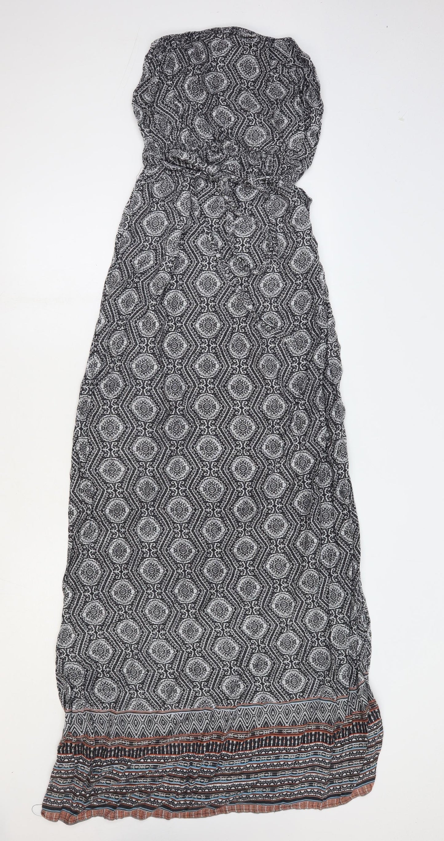 New Look Womens Black Geometric Viscose Maxi Size 8 Off the Shoulder Tie - Bandeau Dress