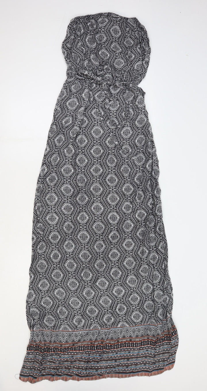 New Look Womens Black Geometric Viscose Maxi Size 8 Off the Shoulder Tie - Bandeau Dress