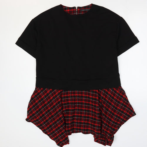 Zara Womens Black Plaid Cotton T-Shirt Dress Size S Round Neck Zip - Hanky Hem