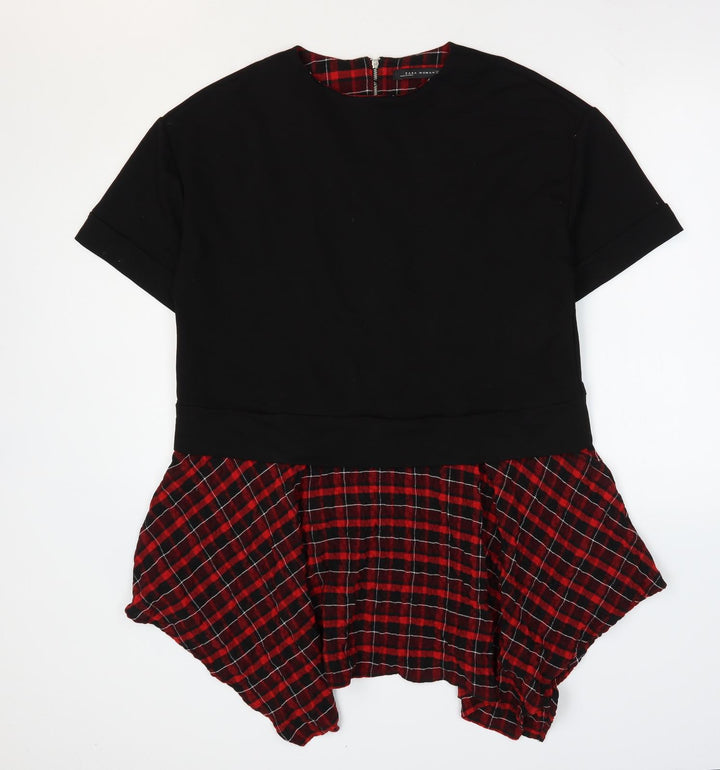 Zara Womens Black Plaid Cotton T-Shirt Dress Size S Round Neck Zip - Hanky Hem