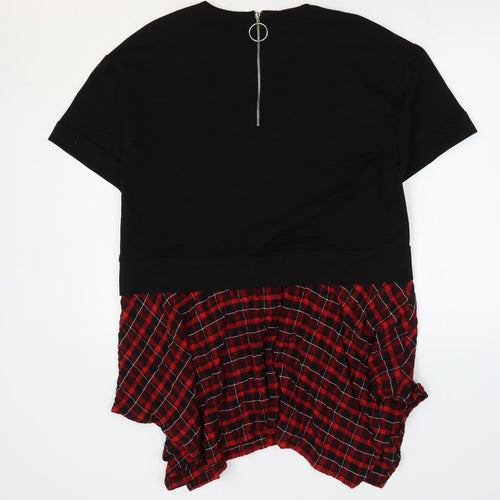 Zara Womens Black Plaid Cotton T-Shirt Dress Size S Round Neck Zip - Hanky Hem