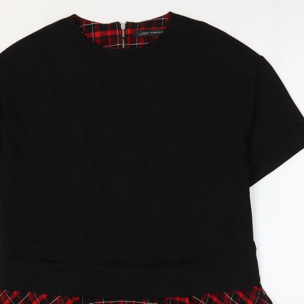 Zara Womens Black Plaid Cotton T-Shirt Dress Size S Round Neck Zip - Hanky Hem