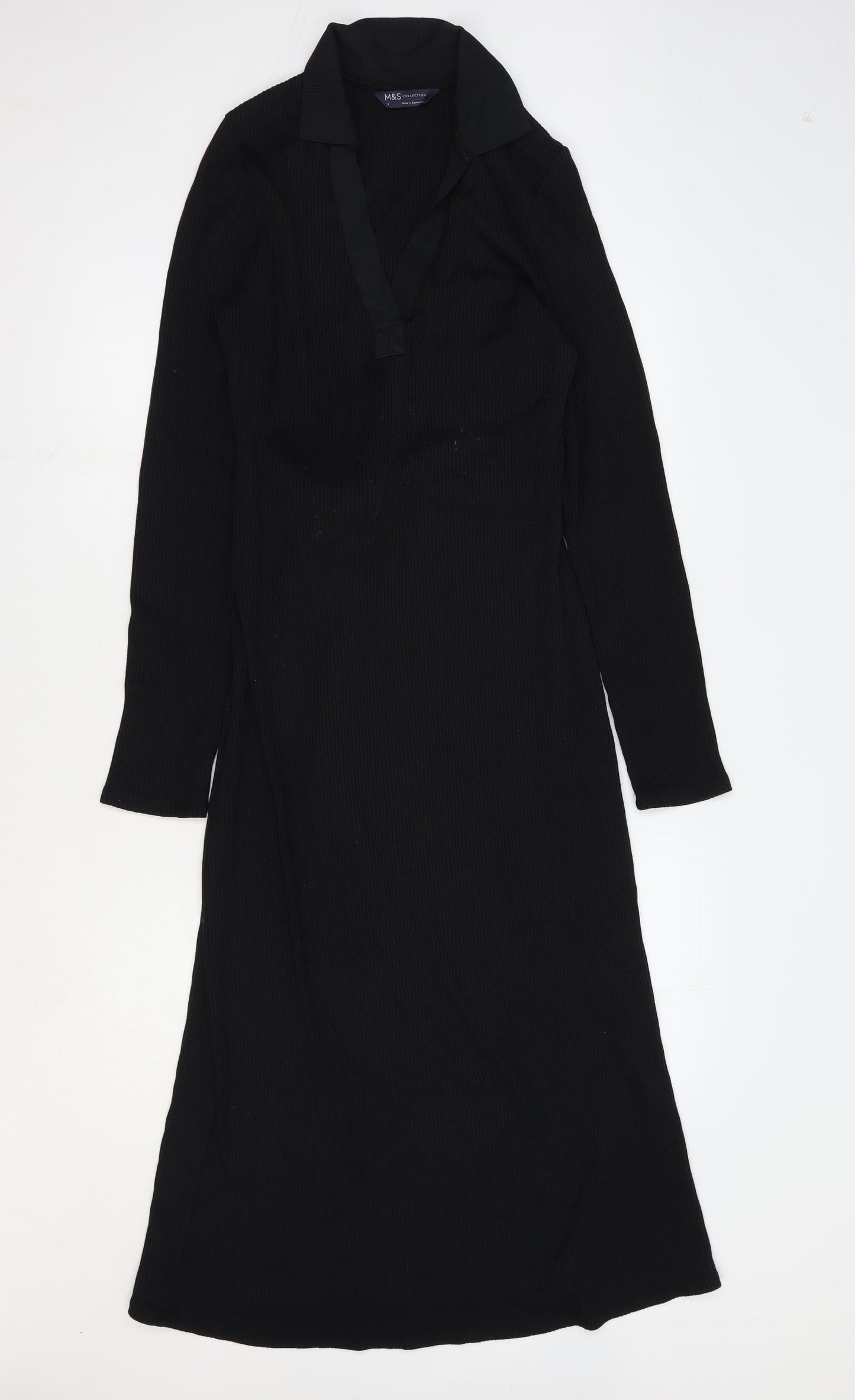 Marks and Spencer Womens Black Polyester Jumper Dress Size 8 Collared Tie - Ribbed
