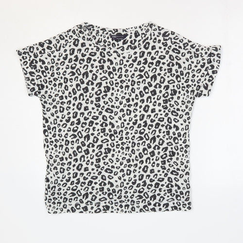 Marks and Spencer Womens White Animal Print Linen Basic T-Shirt Size 10 Round Neck - Leopard Print