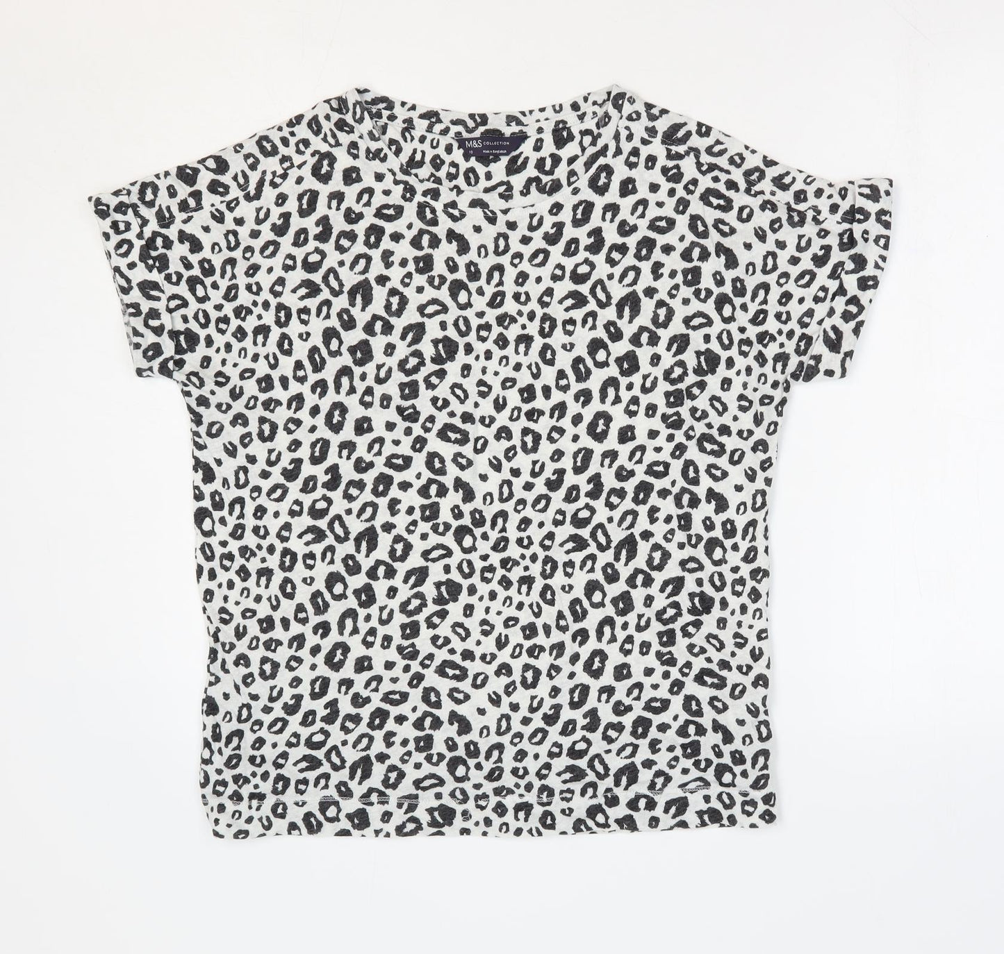 Marks and Spencer Womens White Animal Print Linen Basic T-Shirt Size 10 Round Neck - Leopard Print