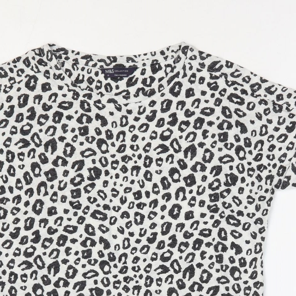 Marks and Spencer Womens White Animal Print Linen Basic T-Shirt Size 10 Round Neck - Leopard Print