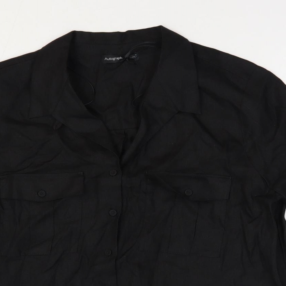 Autograph Womens Black Linen Basic Button-Up Size 18 Collared
