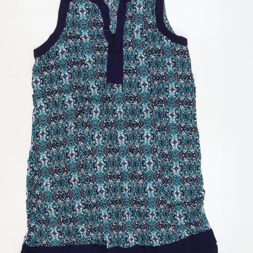 Apricot Womens Blue Geometric Viscose Shift Size 10 V-Neck Pullover