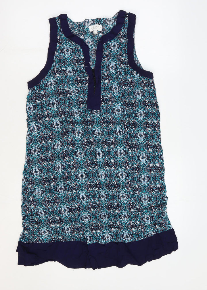 Apricot Womens Blue Geometric Viscose Shift Size 10 V-Neck Pullover