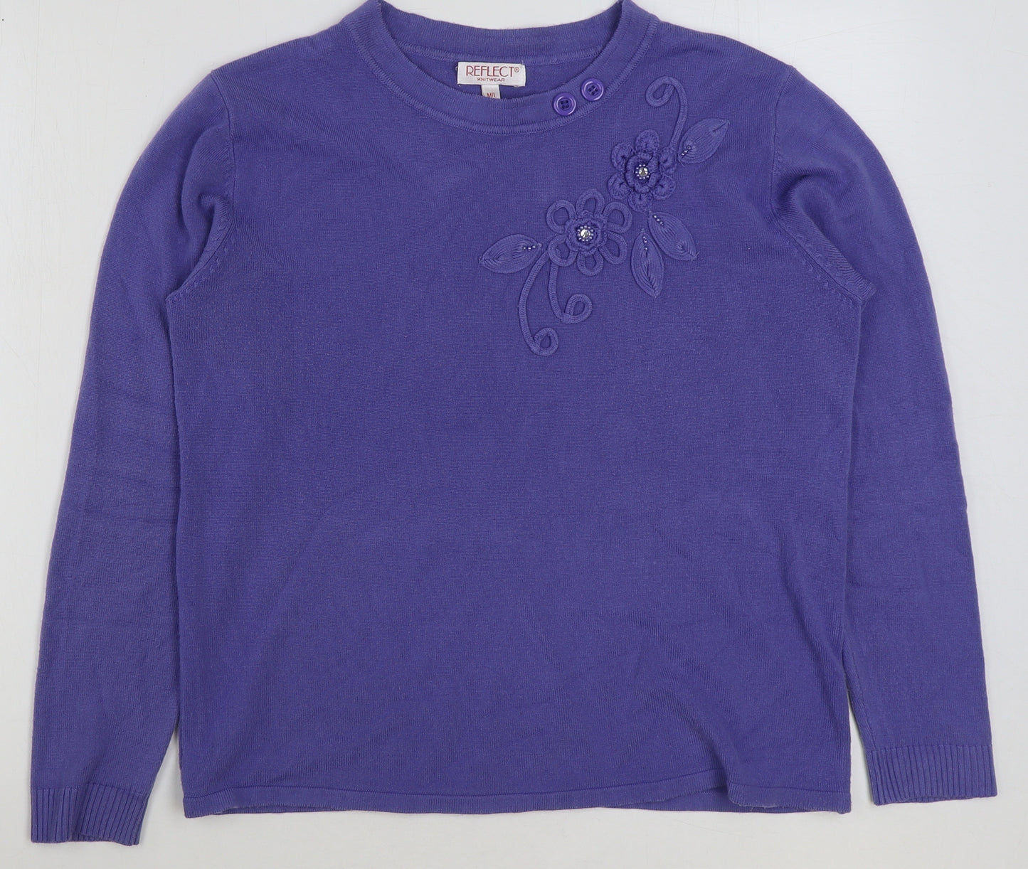 Reflect Womens Purple Round Neck Floral Acrylic Pullover Jumper Size M