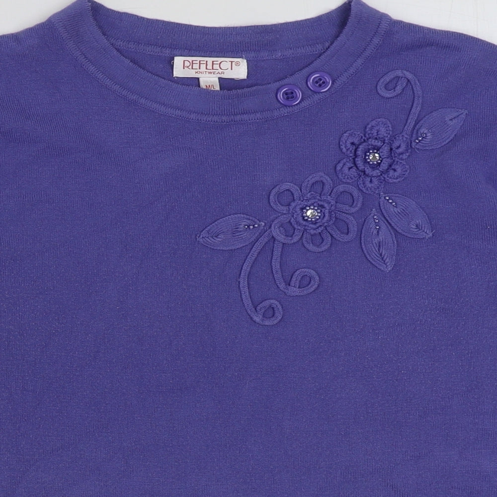 Reflect Womens Purple Round Neck Floral Acrylic Pullover Jumper Size M