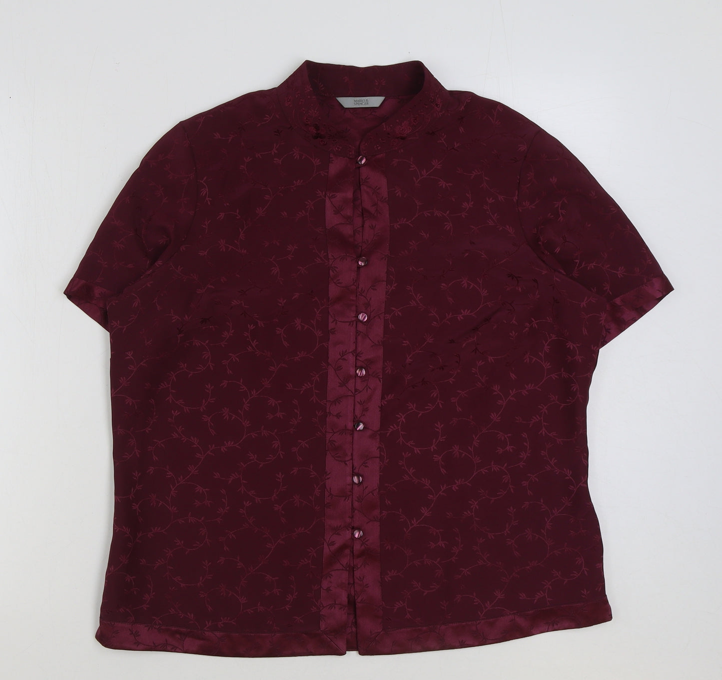 Marks and Spencer Womens Red Floral Polyester Basic Button-Up Size 16 Collared