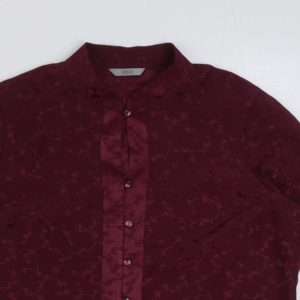 Marks and Spencer Womens Red Floral Polyester Basic Button-Up Size 16 Collared