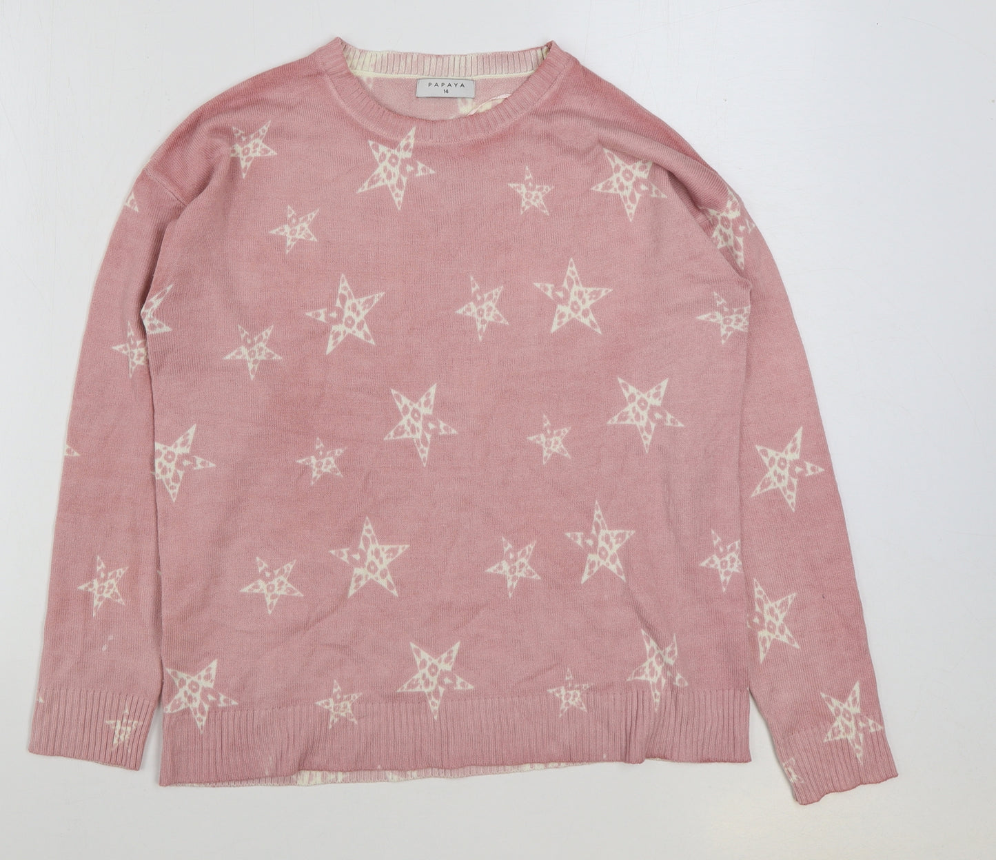 Matalan Womens Pink Round Neck Geometric Acrylic Pullover Jumper Size 14 - Star Print