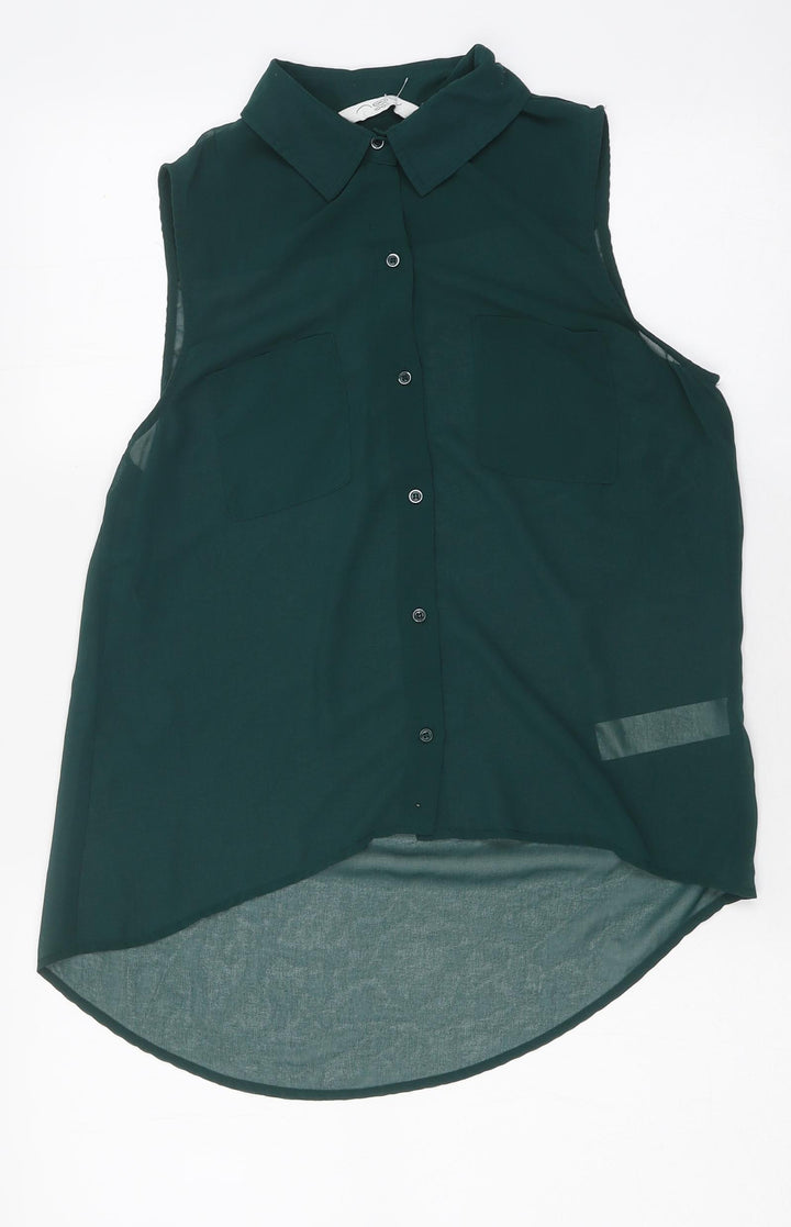 New Look Womens Green Polyester Jersey Button-Up Size 8 Collared
