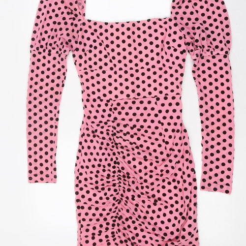 NaaNaa Womens Pink Polka Dot Polyester Bodycon Size 8 Square Neck Zip