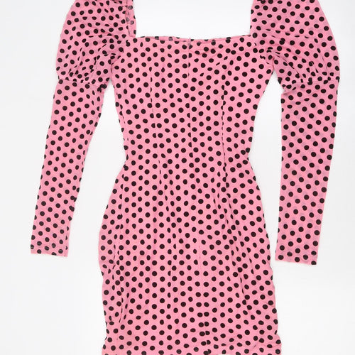 NaaNaa Womens Pink Polka Dot Polyester Bodycon Size 8 Square Neck Zip