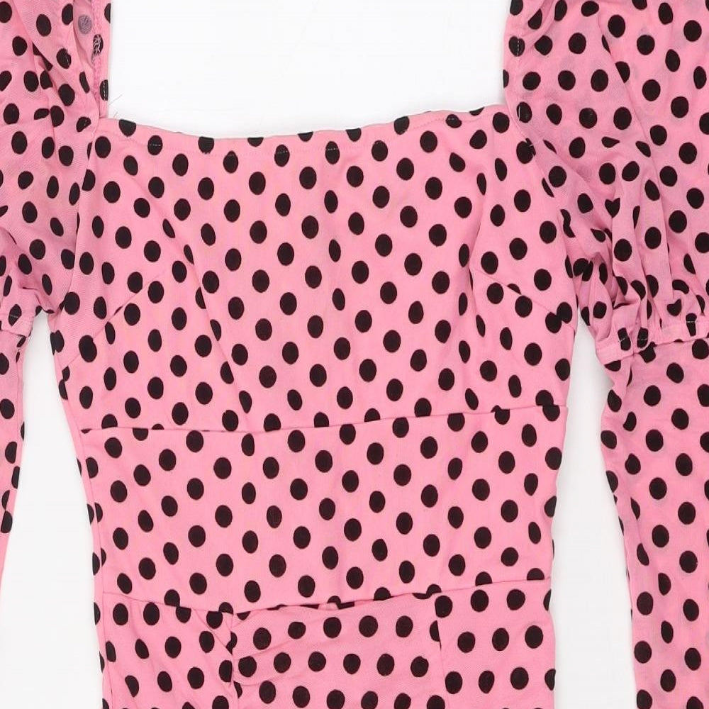 NaaNaa Womens Pink Polka Dot Polyester Bodycon Size 8 Square Neck Zip
