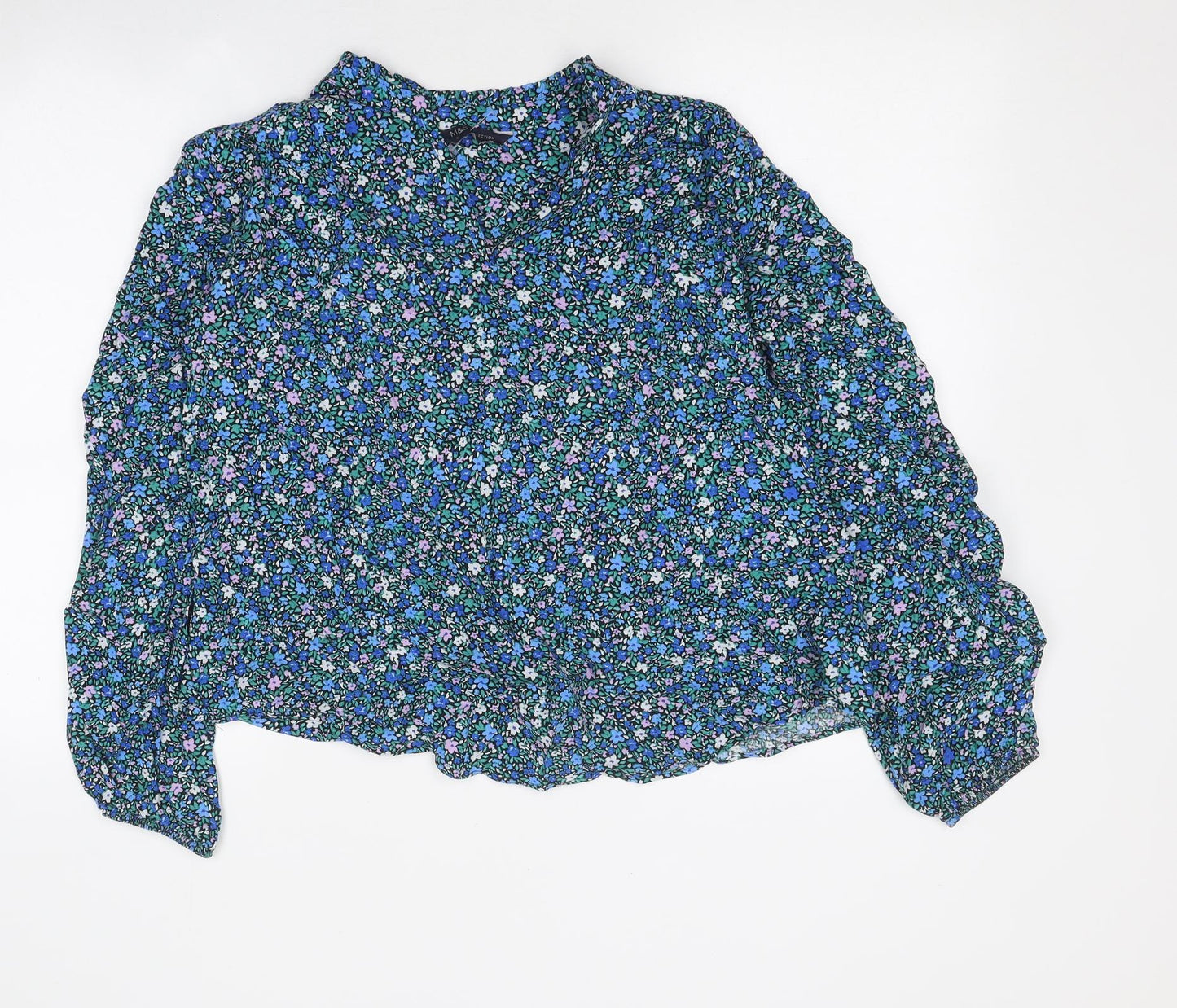 Marks and Spencer Womens Blue Floral Polyester Basic Blouse Size 10 V-Neck