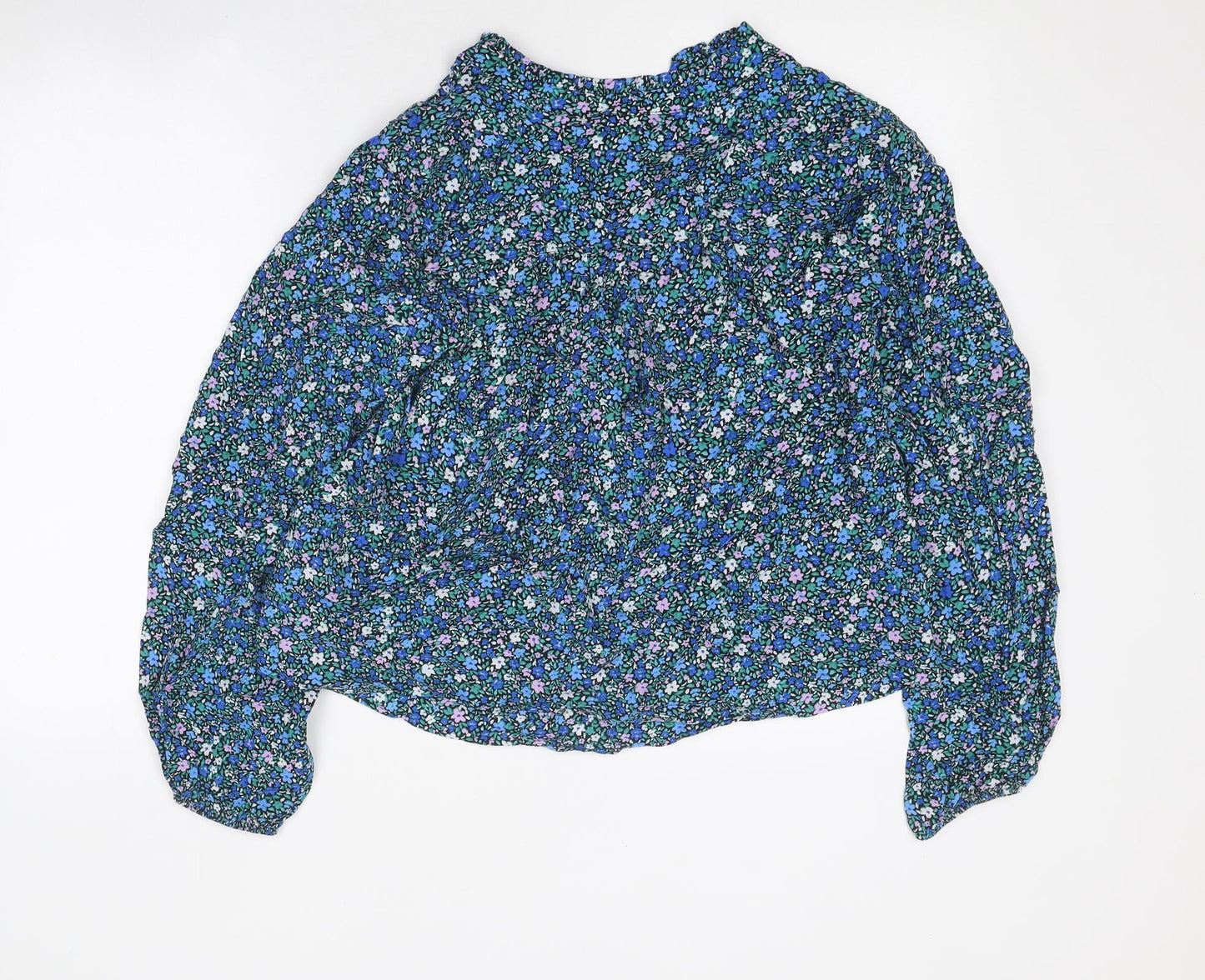 Marks and Spencer Womens Blue Floral Polyester Basic Blouse Size 10 V-Neck