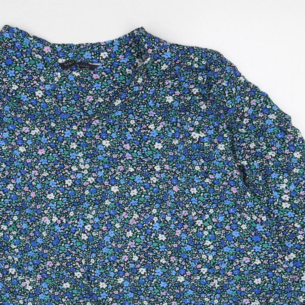 Marks and Spencer Womens Blue Floral Polyester Basic Blouse Size 10 V-Neck