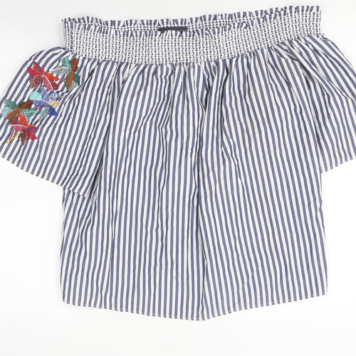 Marks and Spencer Womens Blue Striped Polyester Basic T-Shirt Size 14 Off the Shoulder