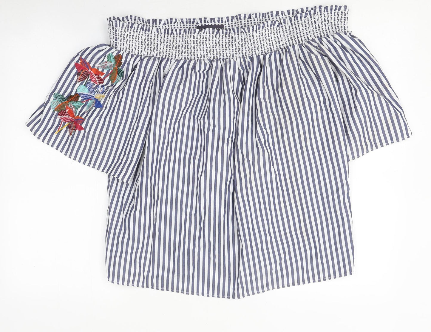 Marks and Spencer Womens Blue Striped Polyester Basic T-Shirt Size 14 Off the Shoulder