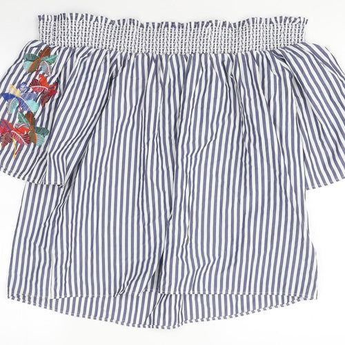 Marks and Spencer Womens Blue Striped Polyester Basic T-Shirt Size 14 Off the Shoulder