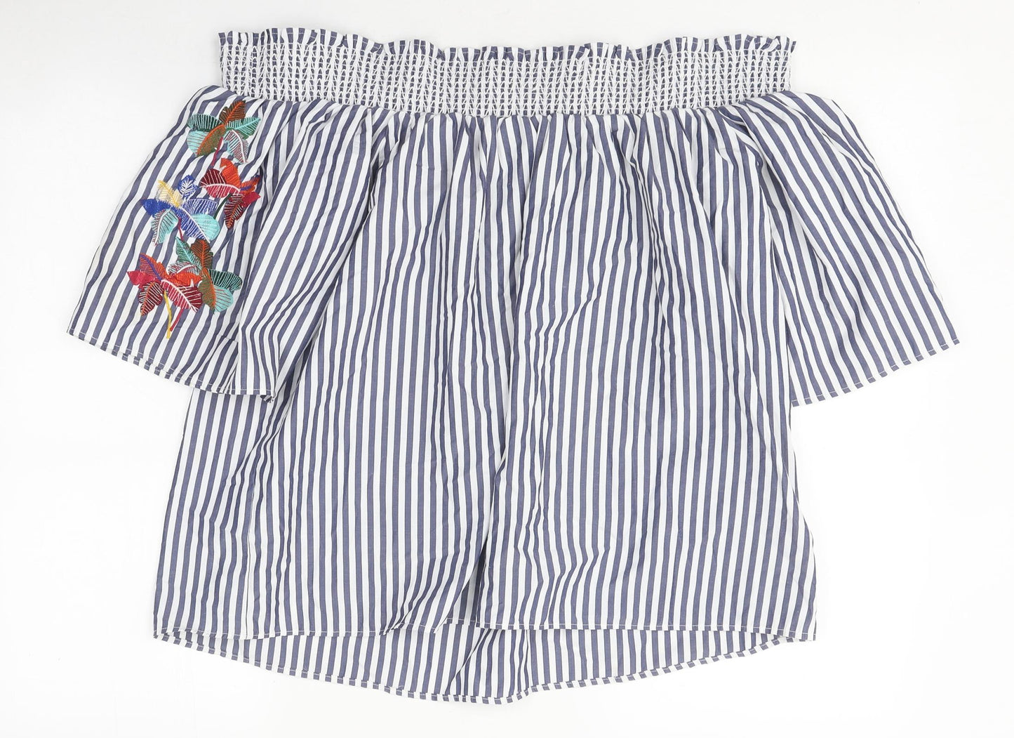 Marks and Spencer Womens Blue Striped Polyester Basic T-Shirt Size 14 Off the Shoulder