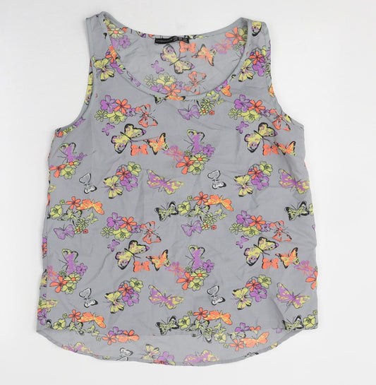 Front view of Atmosphere women’s grey geometric polyester basic tank, size UK 12, round neck - butterfly pattern