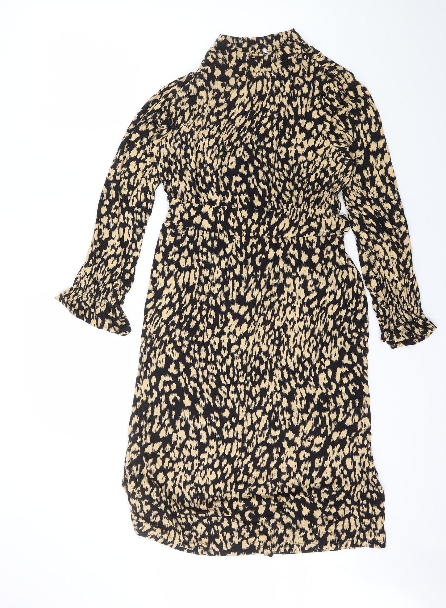 TU Womens Black Animal Print Viscose Fit & Flare Size 16 High Neck Button - Leopard Print