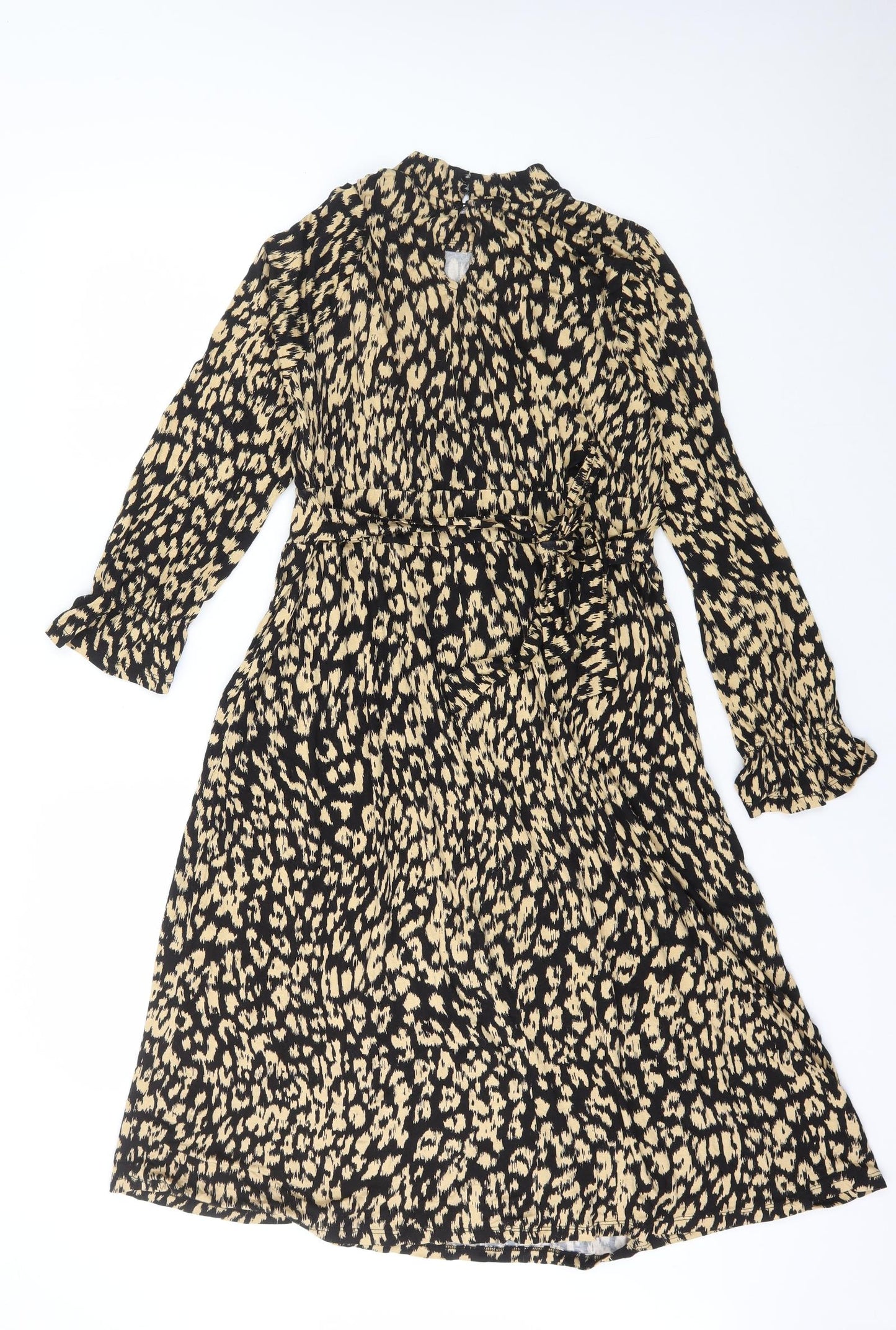 TU Womens Black Animal Print Viscose Fit & Flare Size 16 High Neck Button - Leopard Print