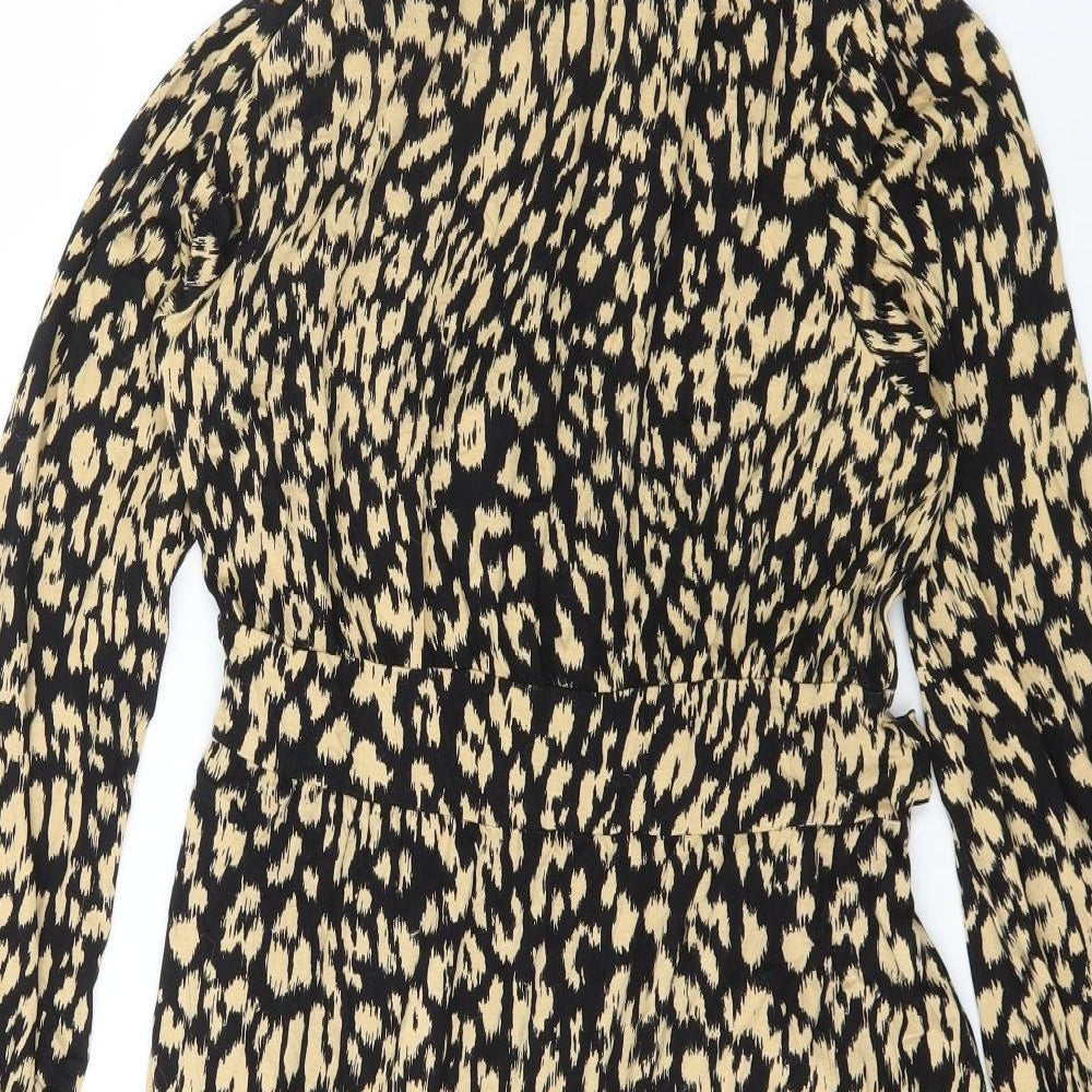 TU Womens Black Animal Print Viscose Fit & Flare Size 16 High Neck Button - Leopard Print