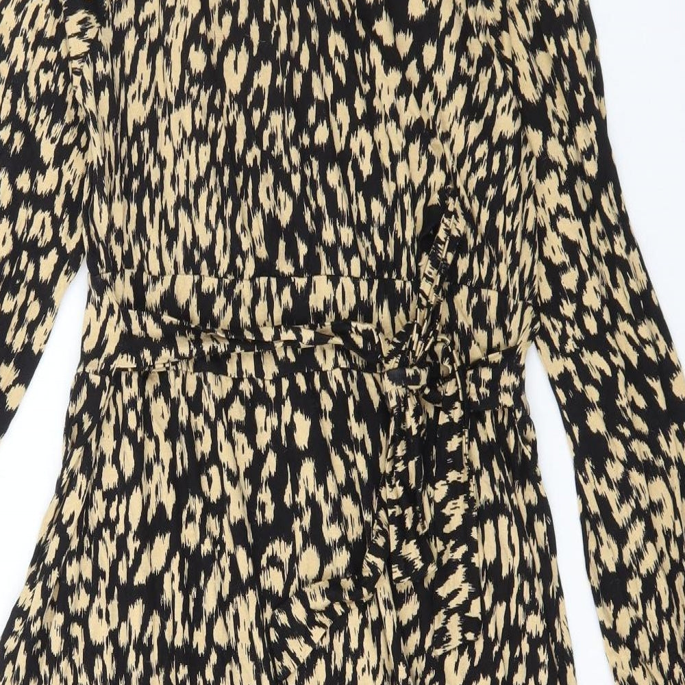TU Womens Black Animal Print Viscose Fit & Flare Size 16 High Neck Button - Leopard Print