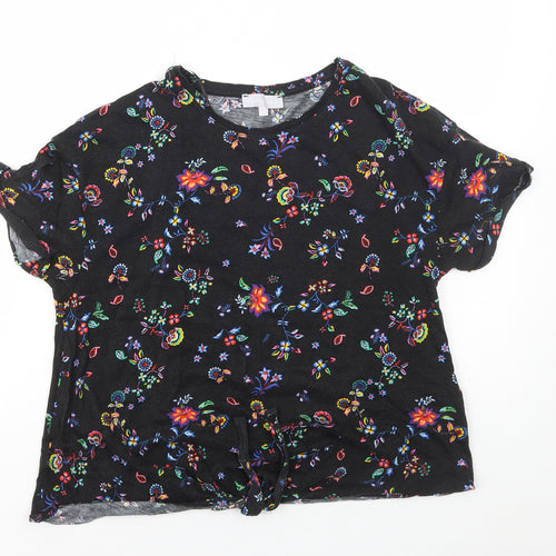 Debenhams Womens Black Floral Cotton Basic T-Shirt Size 14 Round Neck