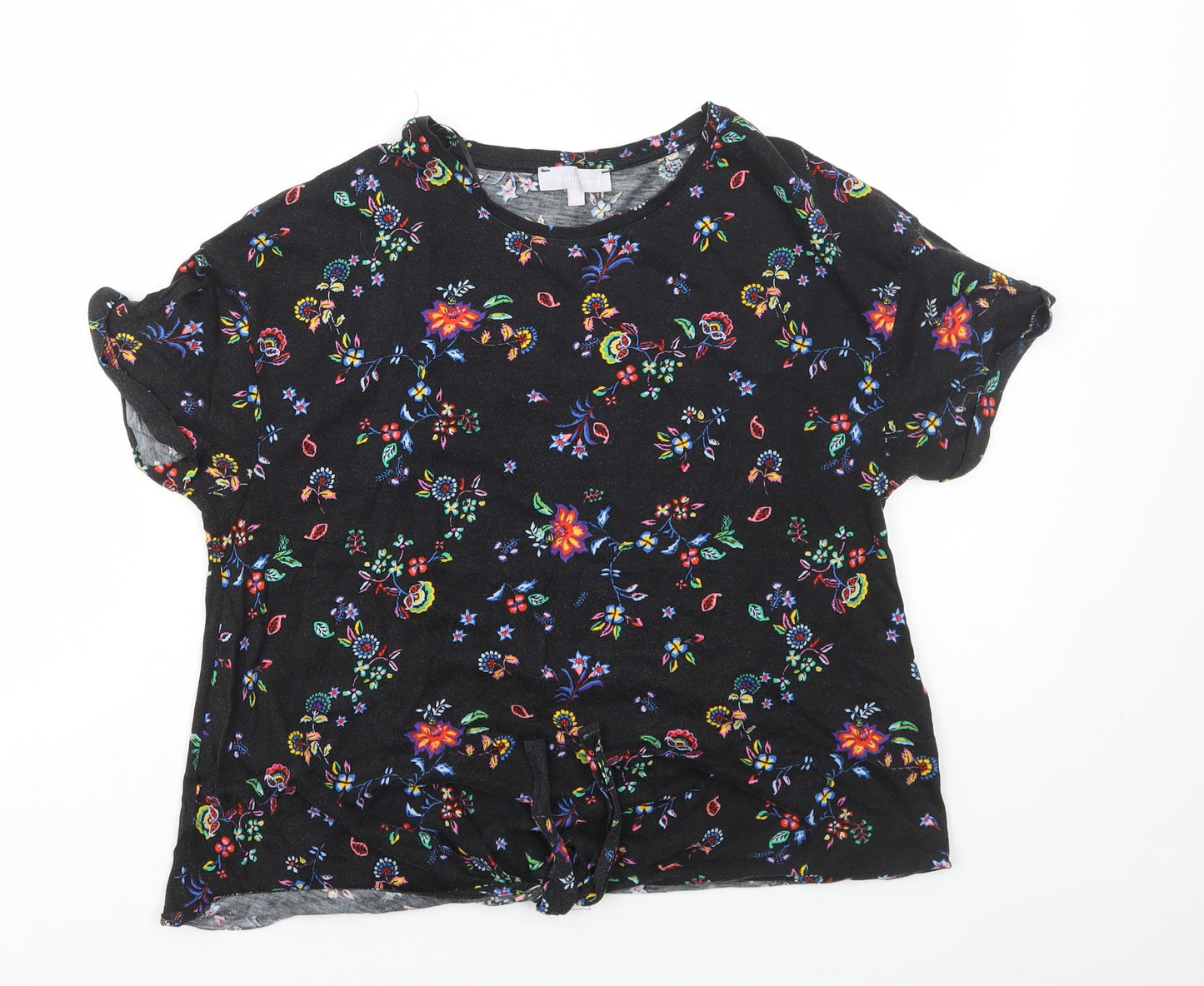 Debenhams Womens Black Floral Cotton Basic T-Shirt Size 14 Round Neck