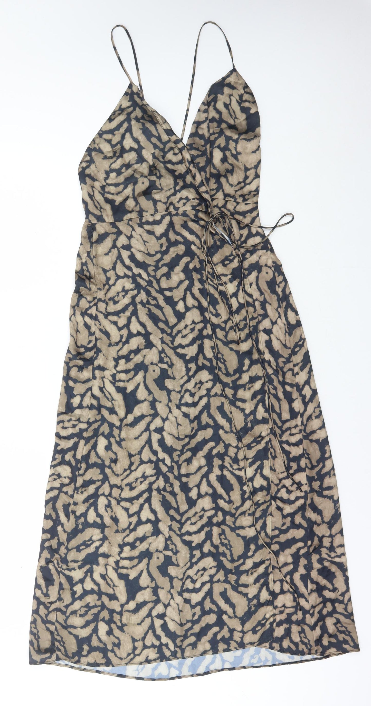 Zara Womens Brown Animal Print Polyester Wrap Dress Size S V-Neck Tie