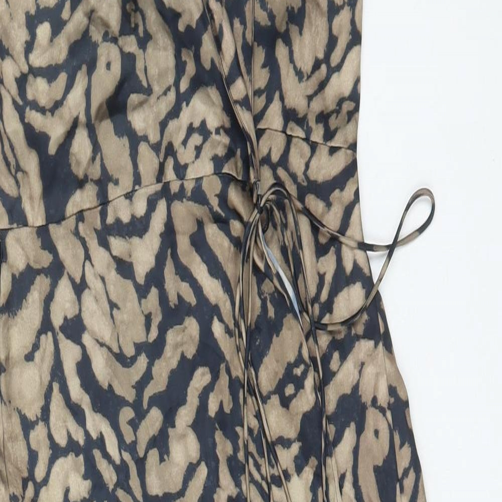 Zara Womens Brown Animal Print Polyester Wrap Dress Size S V-Neck Tie