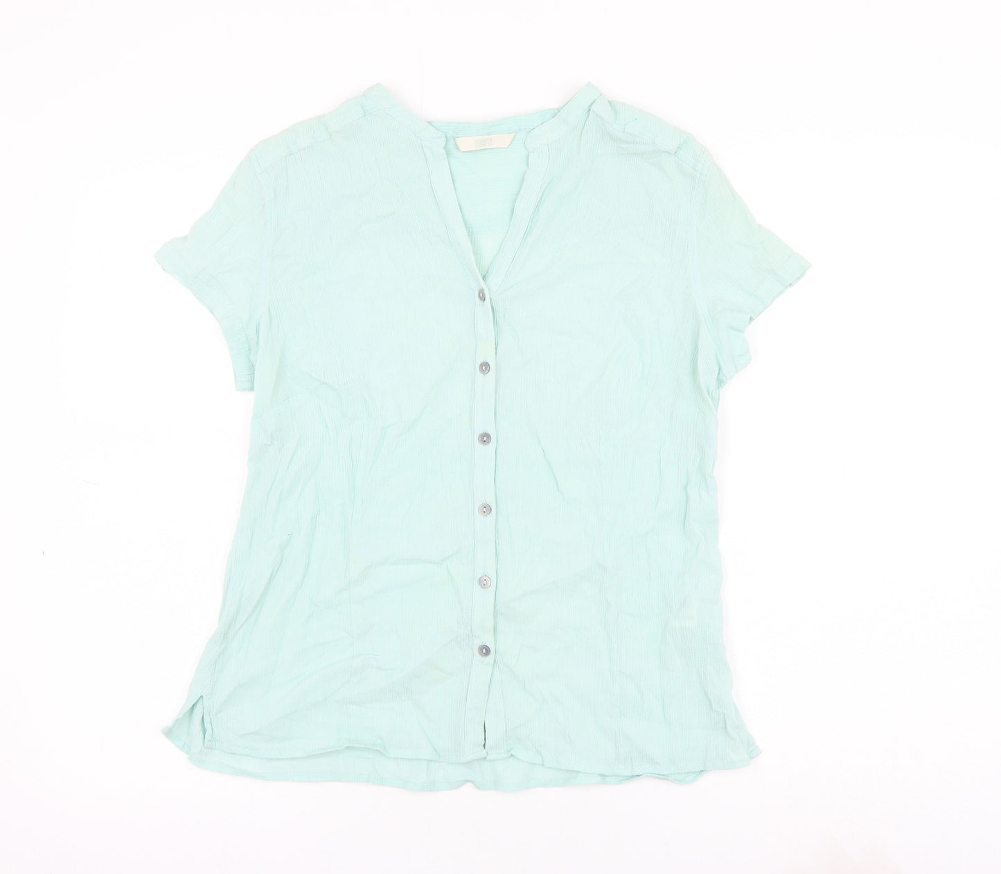 Marks and Spencer Womens Blue Cotton Basic Button-Up Size 14 V-Neck